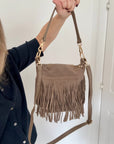 Dark Taupe Suede/ Leather Fringed Shoulder/ Crossbody Bag