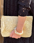 Cream Raffia Clutch Bag with Wrist Strap