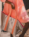 Silver Beach Bag/ Holdall with Neon Handles