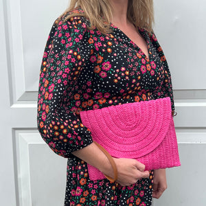 Bright Pink Straw Woven Clutch Bag