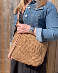 Beige & Tan Raffia Crossbody Bag with Tassel Detail