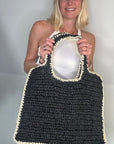 Black & Cream Raffia Tote Bag