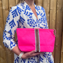 Load image into Gallery viewer, Bright Pink Glitter Stripe Clutch/ Make Up Bag
