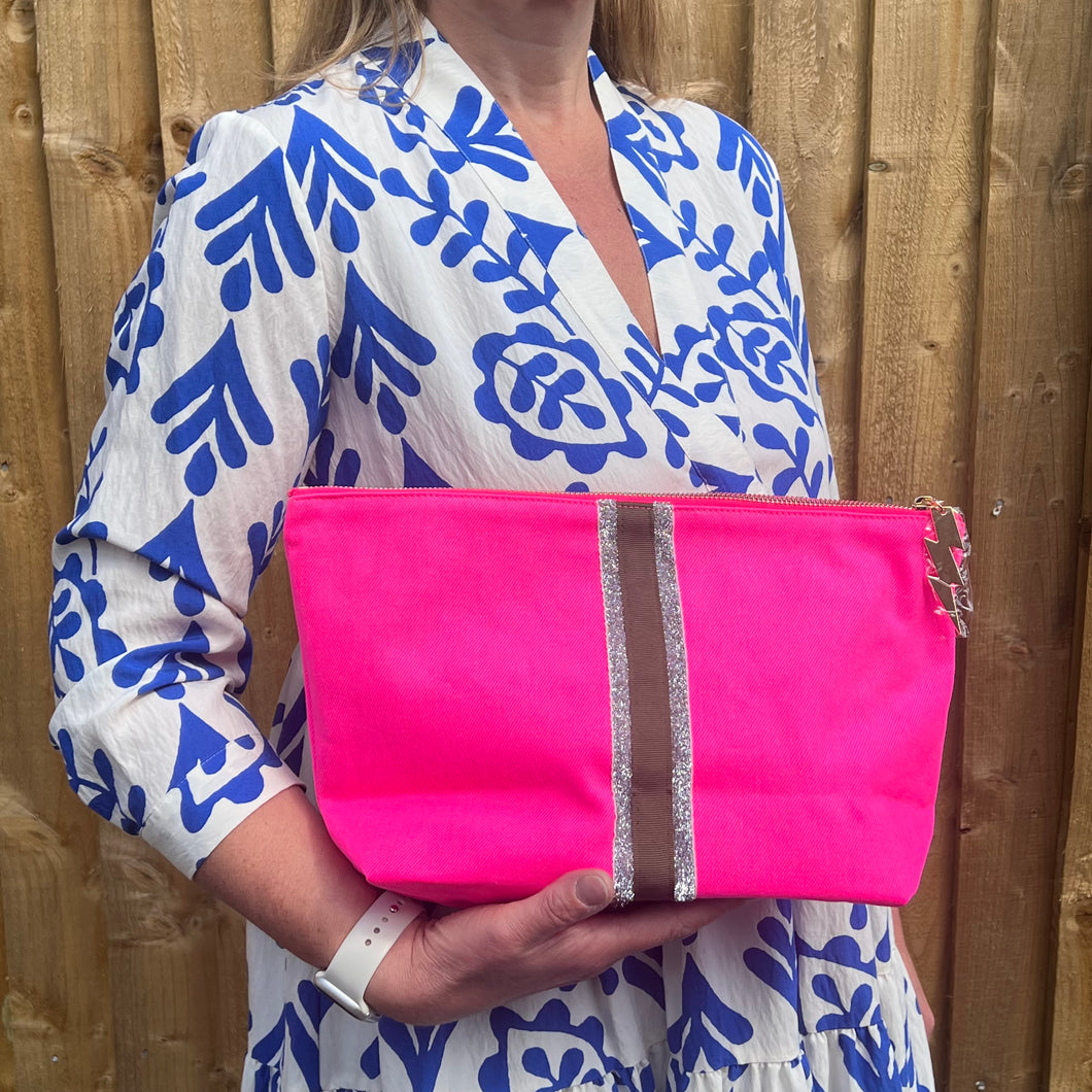 Bright Pink Glitter Stripe Clutch/ Make Up Bag