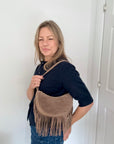 Dark Taupe Suede Fringed Shoulder/ Crossbody Bag