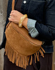 Suede Large Dark Tan Fringed Crossbody/ Waist Bag