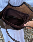 Dark Brown Leather Weave Tote Bag