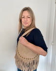 Stone Studded Suede Crescent Shoulder/ Crossbody Bag with Fringing