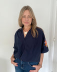 Navy Embroidered Sleeve Cotton Blouse