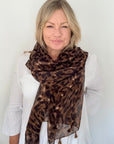 Brown Mix Animal Print Scarf with Brown Tassels