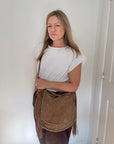 Dark Taupe Studded Suede Shoulder/ Crossbody Bag with Fringing