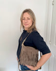Dark Taupe Suede/ Leather Fringed Shoulder/ Crossbody Bag