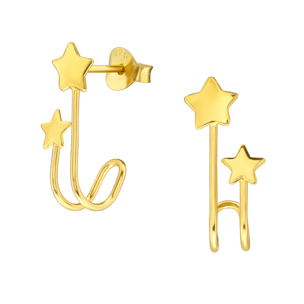 Gold Double Star Drop Stud Earrings