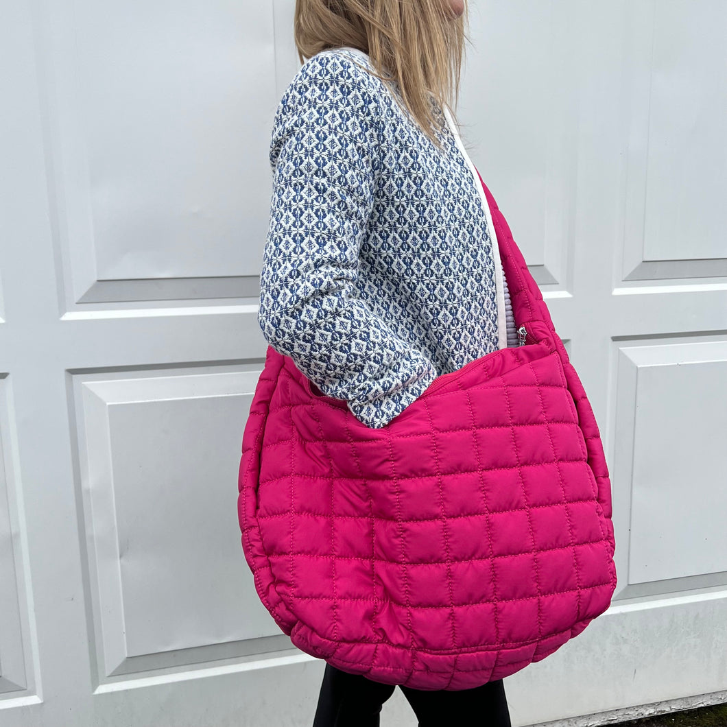 Bright Pink Quilted Fabric Oversized Crossbody Bag
