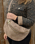 Taupe Suede Large Deep Crossbody Bum Bag