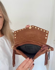 Brown Studded Suede Clutch/ Crossbody Bag with Fringing