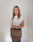 Dark Taupe Studded Suede Crescent Shoulder/ Crossbody Bag with Fringing