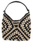 Black and beige raffia tote bag on a white background.