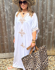 White & Gold Embroidered Maxi Beach Dress Kaftan