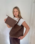 Brown Faux Suede Weave Tote Bag