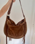 Brown Studded Suede Shoulder/ Crossbody Bag with Fringing