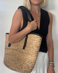 Straw & Black Handled Basket Bag