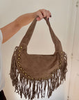 Dark Taupe Studded Suede Crescent Shoulder/ Crossbody Bag with Fringing