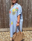 Blue Embroidered Flowers Beach Dress/ Kaftan
