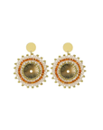 Pair of cream, brown and gold beaded earrings on a white background.