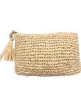 Cream woven raffia clutch bag with a tassel on a white background