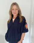 Navy Embroidered Sleeve Cotton Blouse