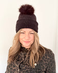 Dark Brown Knitted Pom Pom Hat