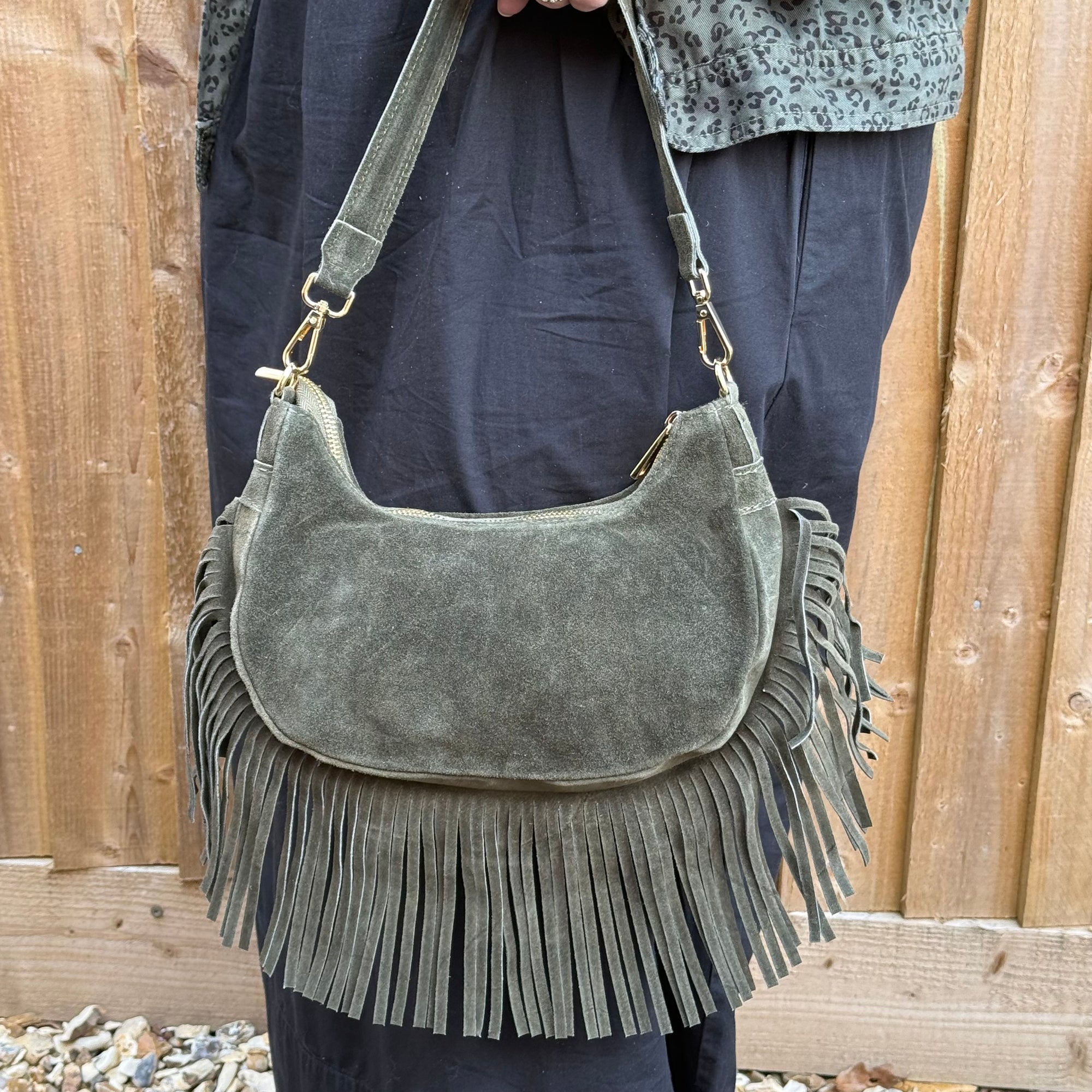 Khaki Suede Fringed Crossbody Bag