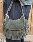 Khaki Suede Fringed Crossbody Bag