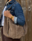 Dark Taupe Suede Zip Feature Large Shoulder/ Crossbody Bag