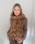 Camel Mix Leopard Print Fringed Blanket Scarf