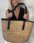 Straw & Black Handled Basket Bag