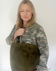 Khaki Faux Fur Large Tote Bag