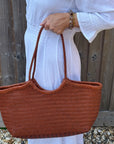 Tan Leather Weave Tote Bag