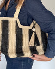 Black & Beige Stripe Raffia Tote Bag