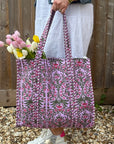 Lilac & Green Flower Print Cotton Tote Bag
