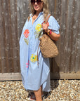 Blue Embroidered Flowers Beach Dress/ Kaftan
