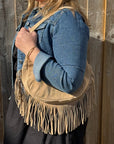 Stone Suede Fringed Crossbody Bag