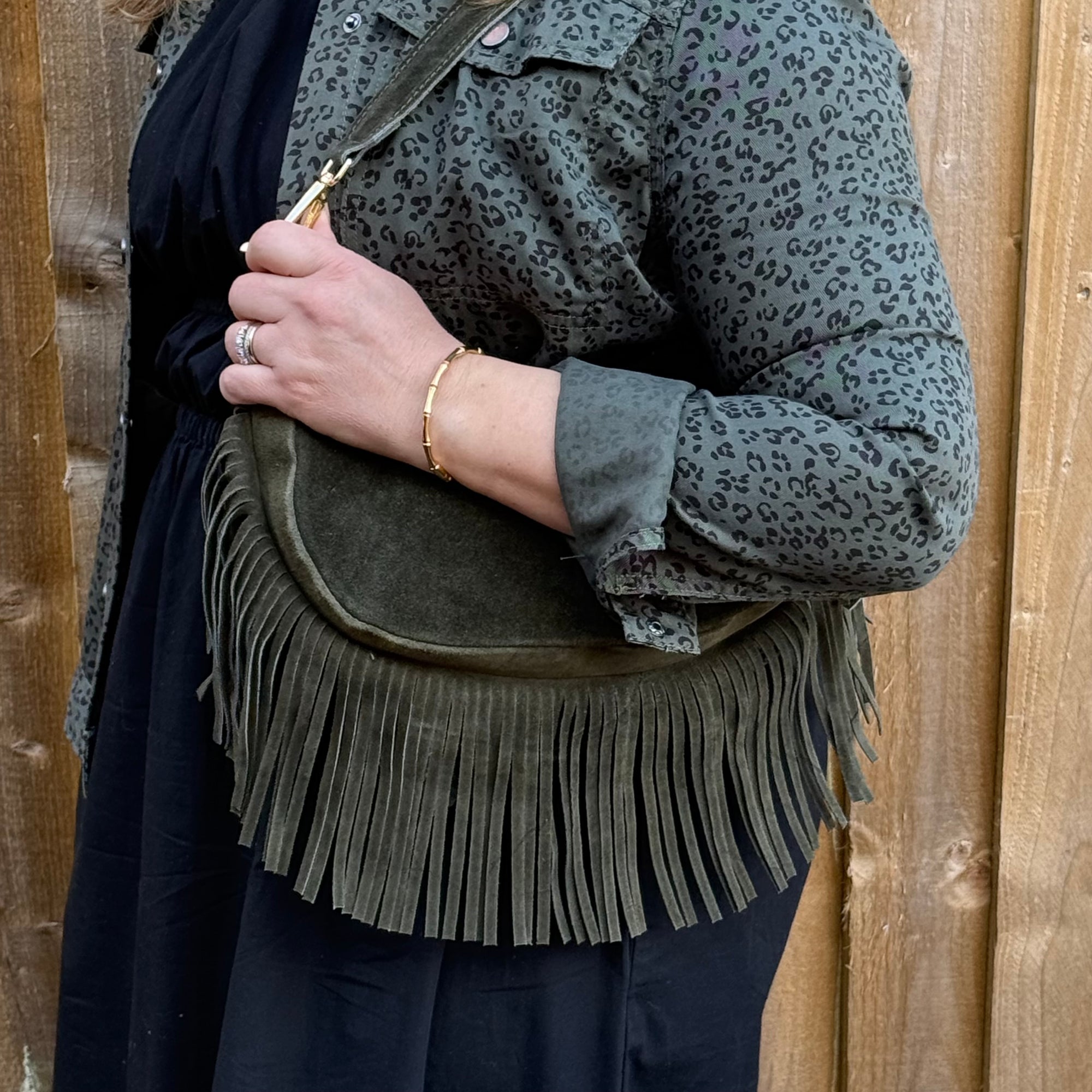 Khaki Suede Fringed Crossbody Bag