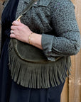 Khaki Suede Fringed Crossbody Bag