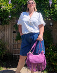Pink Suede Fringed Crossbody Bag