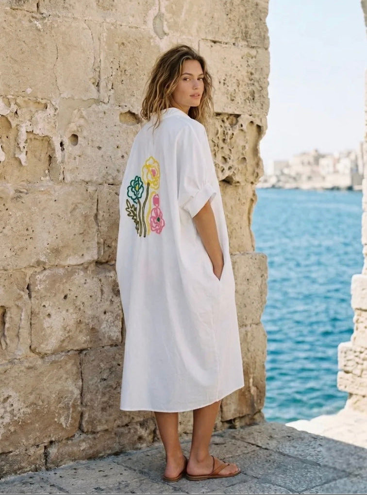 White Embroidered Flowers Beach Dress/ Kaftan – Amelia Rose Accessories
