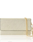 gold clutch bag handbag with a gold chain on a white background