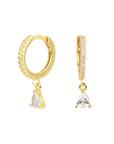 Gold hoop earrings with teardrop-shaped gemstones.