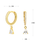 Gold hoop earrings with teardrop-shaped gemstones and measurements.